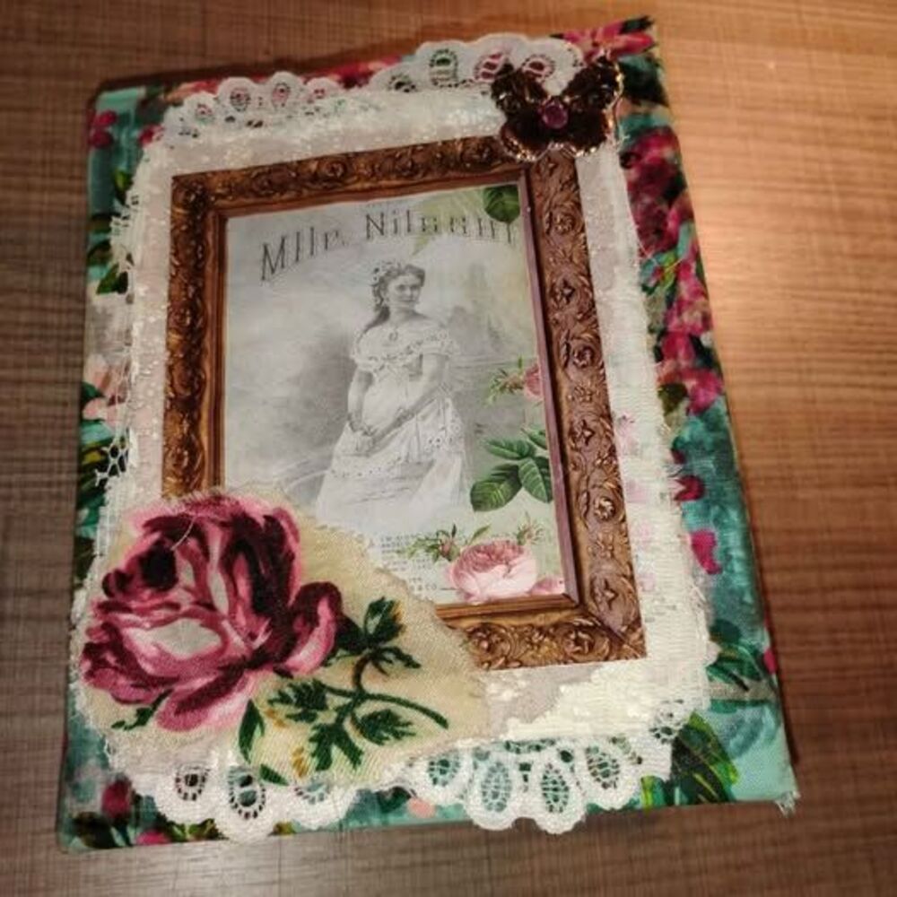 Chunky handmade junk journal ,filled w/ ephemera. pink & aqua blues/greens124 pg